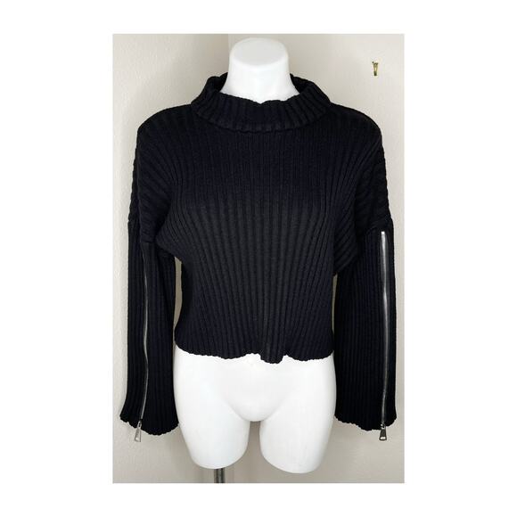 ZARA KNIT Black Ribbed Mock Neck Cropped Sweater Zip Sleeve Detail Size Medium - Picture 1 of 9